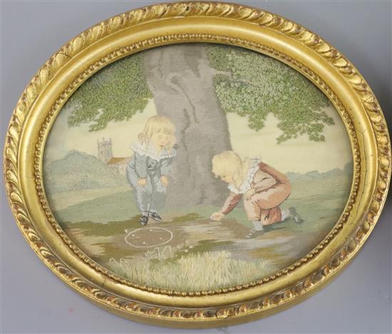 After Kate Greenaway. A pair of silkwork panels depicting children at play worked by Dorothy Vernon Williams of 6 x 7.5in.